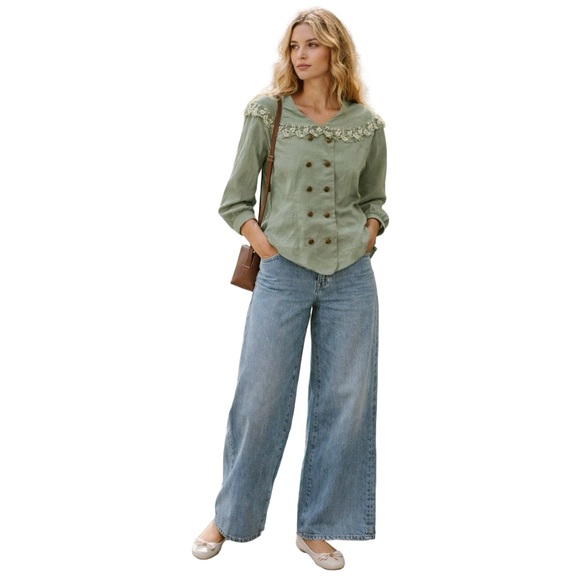 Vintage Elegant Oversized Peter Pan Bib Collar Green Double-Breasted Lace Top - Picture 8 of 8